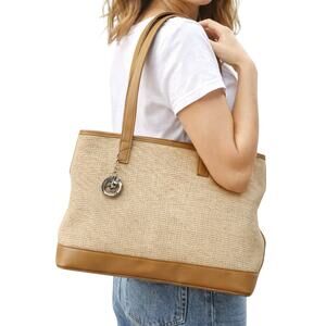 Retro Stone Mountain Tan Canvas Tote Bag Faux Leather Trim Medium Shoulder Purse